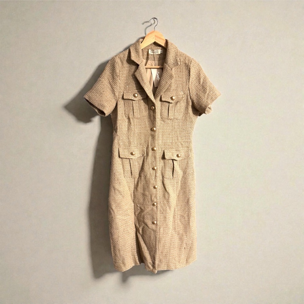 Beige Tweed Button-Down Dress - Picture 3 of 6